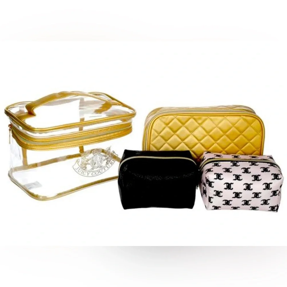 NWT Juicy Couture Gold & Black Cosmetic Bag Set PLUS Travel Toiletry Bottle NEW